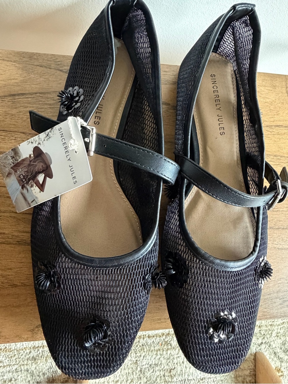 Sincerely Jules Black Mesh Mary Jane Flats with Floral Accents